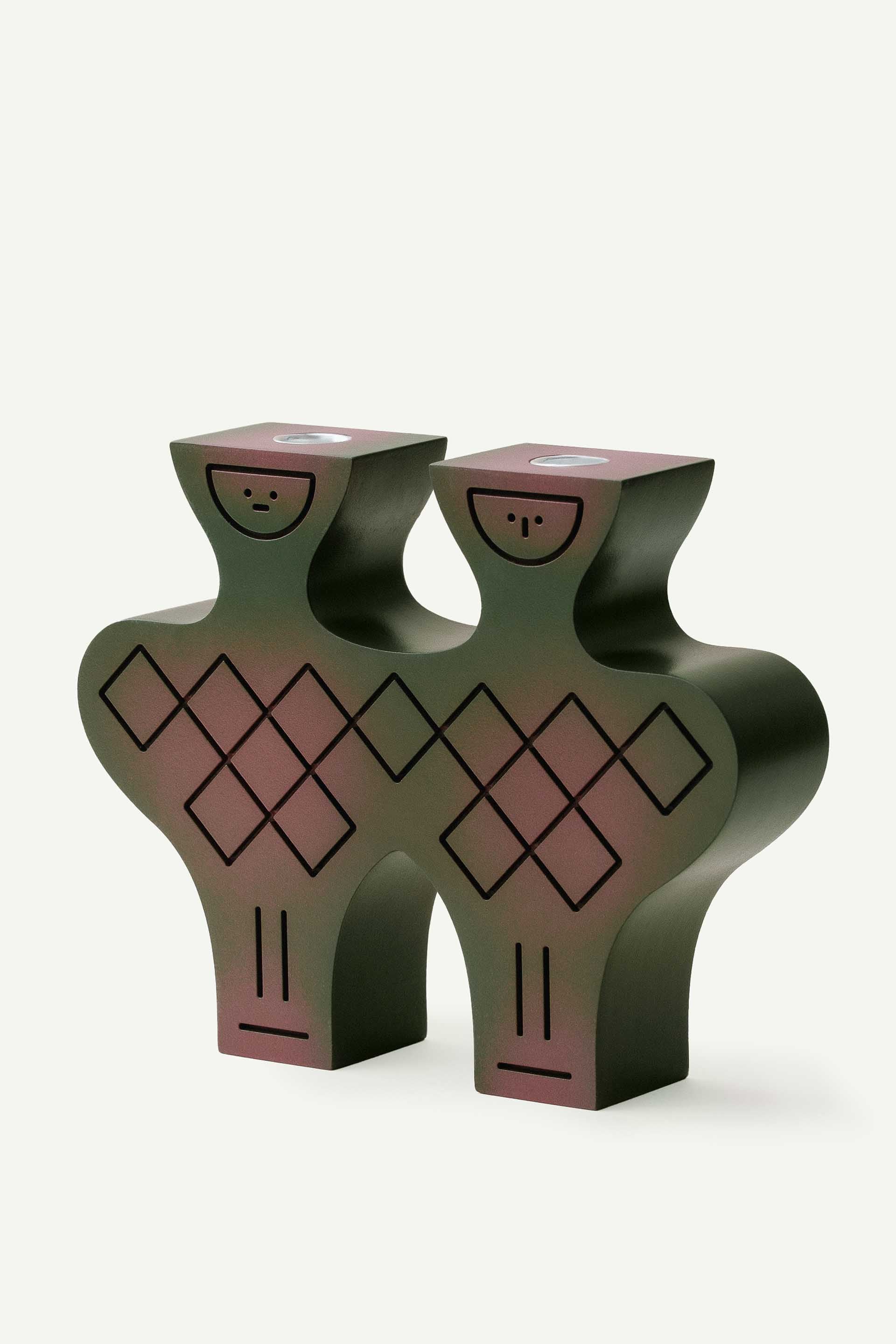 Hand-painted pressed wood figurine by LUDISM, inspired by the Slavic Divine Twins Let & Polel, serving as a candle holder, incense burner, and decorative object, crafted in Poland.