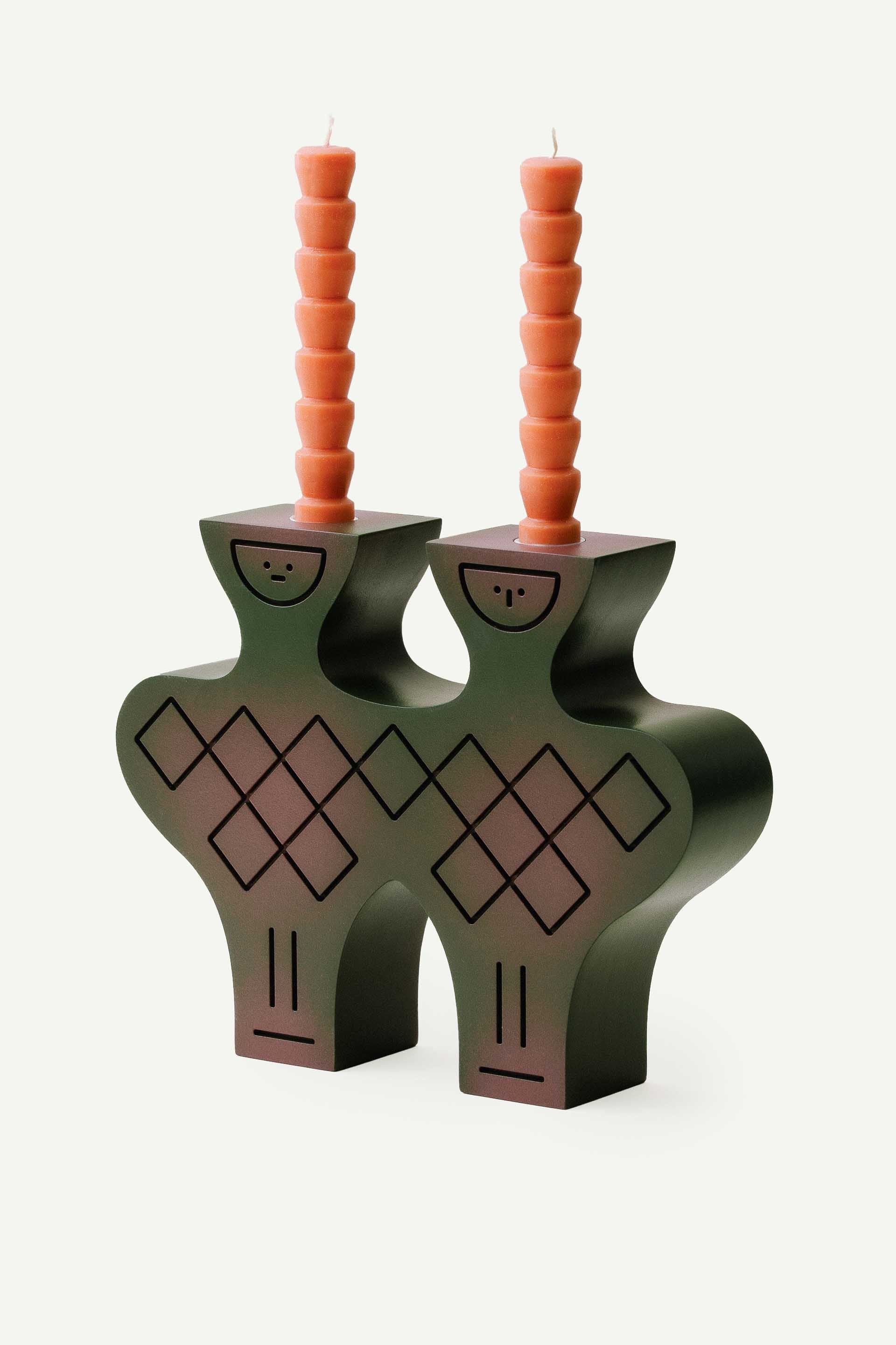 Hand-painted pressed wood figurine by LUDISM, inspired by the Slavic Divine Twins Let & Polel, serving as a candle holder, incense burner, and decorative object, crafted in Poland.