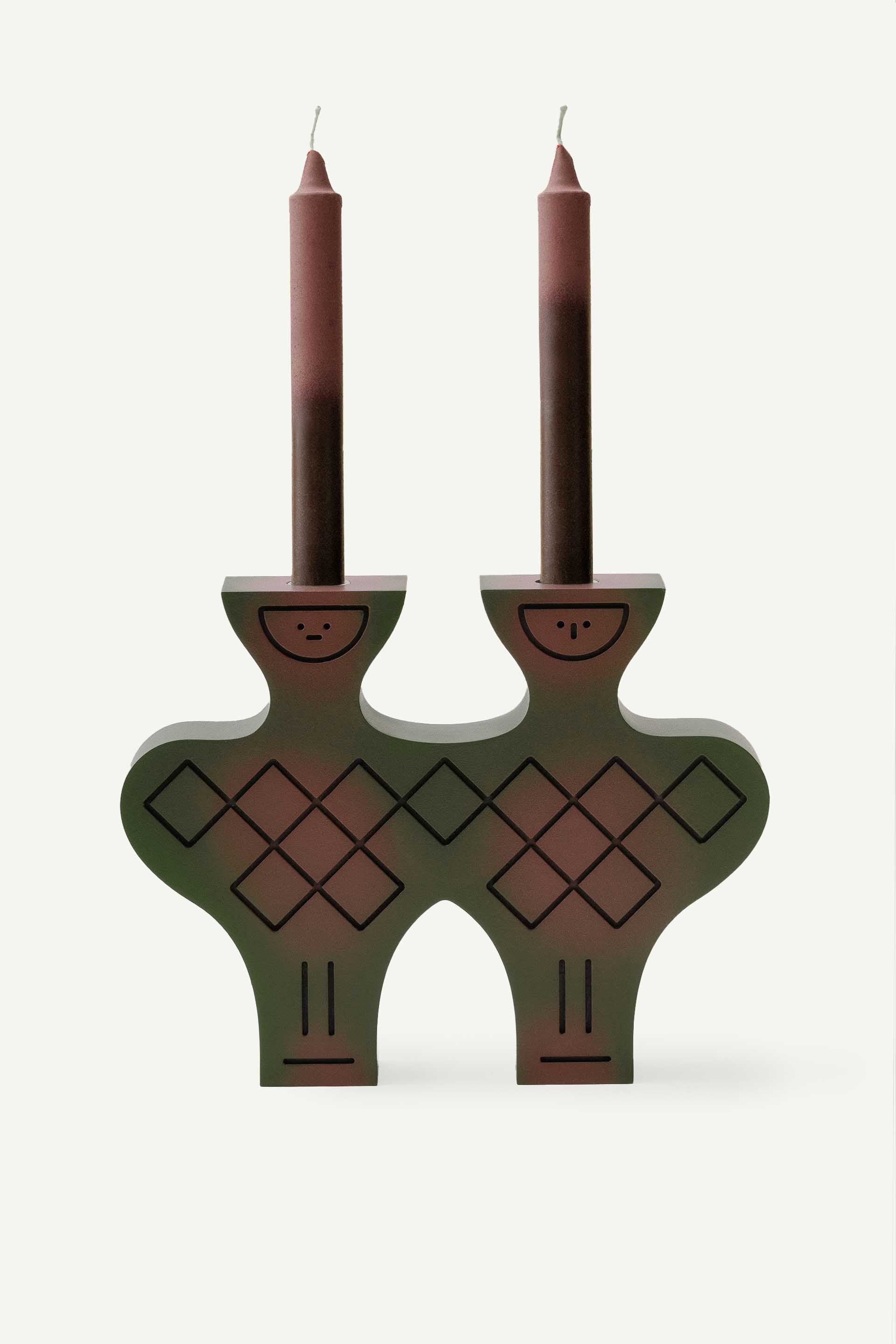 Hand-painted pressed wood figurine by LUDISM, inspired by the Slavic Divine Twins Let & Polel, serving as a candle holder, incense burner, and decorative object, crafted in Poland.