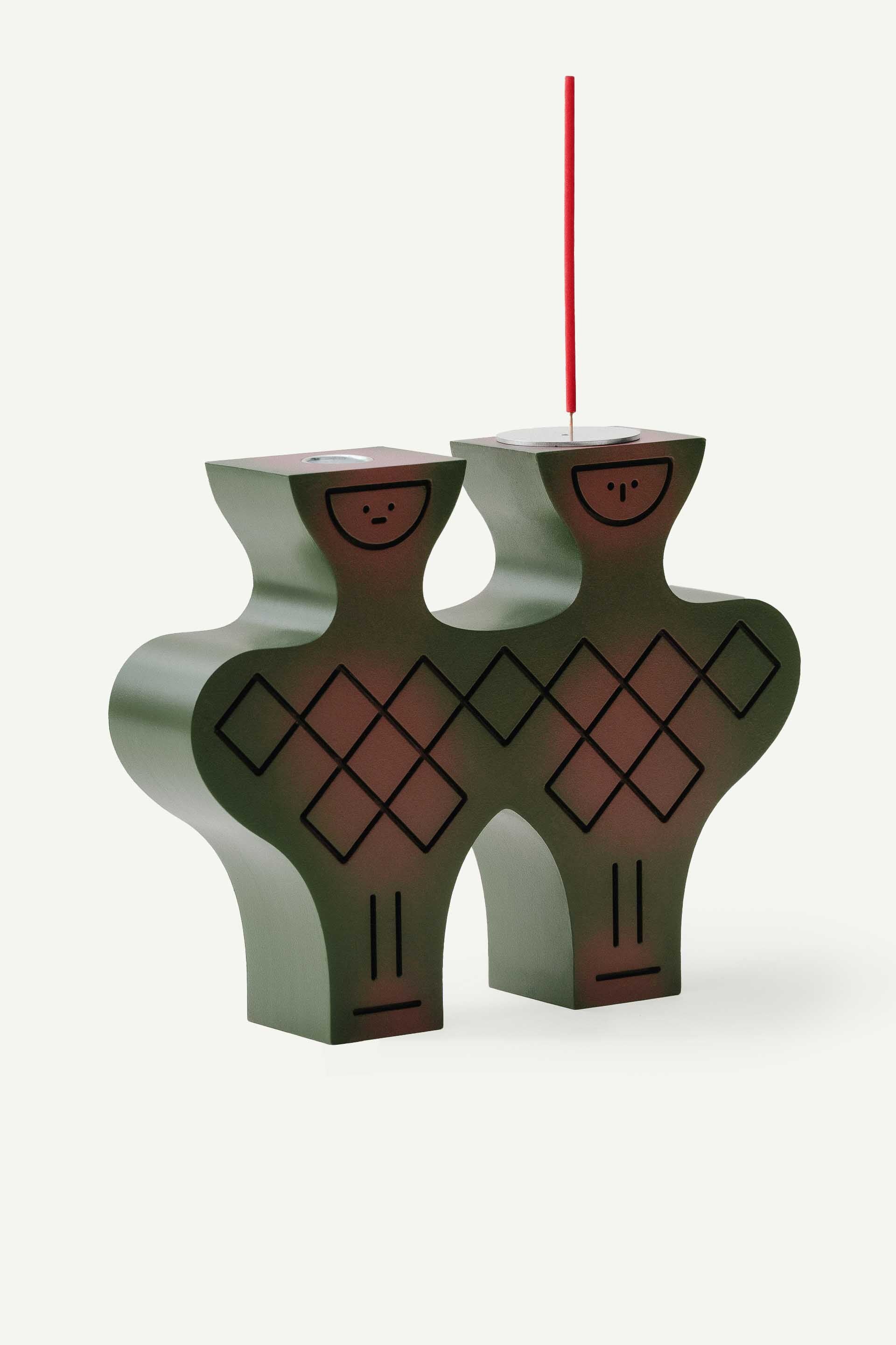 Hand-painted pressed wood figurine by LUDISM, inspired by the Slavic Divine Twins Let & Polel, serving as a candle holder, incense burner, and decorative object, crafted in Poland.